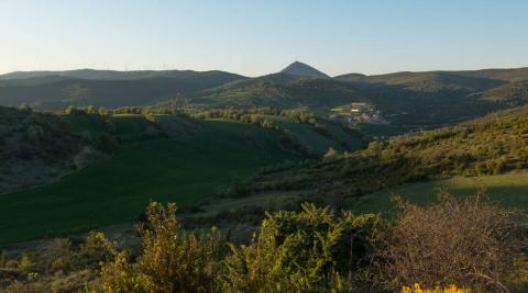 Vista panorámica del valle de la Valdorba, con el pueblo de Leoz y la Higa de Monreal al fondo