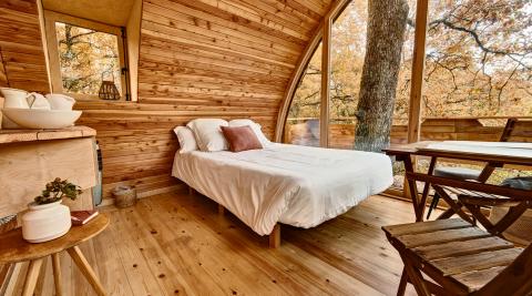 Basoa Suites, una de las opciones para dormir en la copa de un árbol en Villanueva de Arce Foto de una suite interior de madera con una cama de matrimonio