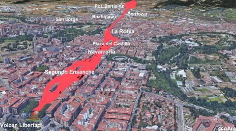 Simulación del terreno afectado por la colada de lava si la erupción se hubiera producido en Pamplona