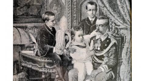 Amadeo de Saboya, con sus hijos Manuel Filiberto, Victor Manuel y Luis (en brazos). Retrato realizado por Giacomo Di Chirico