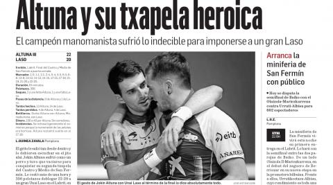 Altuna y su txapela heroica. Titular de la crónica de la final del Cuatro y Medio de San Fermín en Diario de Navarra Altuna y su txapela heroica. Titular de la crónica de la final del Cuatro y Medio de San Fermín en Diario de Navarra