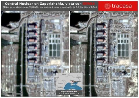 Dos imágenes de la central nuclear de Zaporizhzhia (Ucrania). A la izquierda, imagen de Sentinel-2 (10 metros por pixel). A la derecha, imagen de Sentinel-2 superresolucionada con la tecnología SENX4 (2,5 metros por pixel)