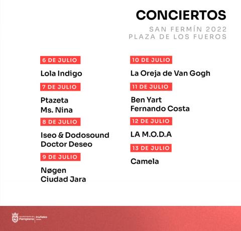 conciertos-sanfermin-fueros Cartel de los conciertos para San Fermín 2022 en la Plaza de los Fueros de Pamplona