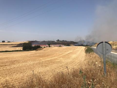 Incendio que ha cortado la carretera entre Tafalla y Artajona.