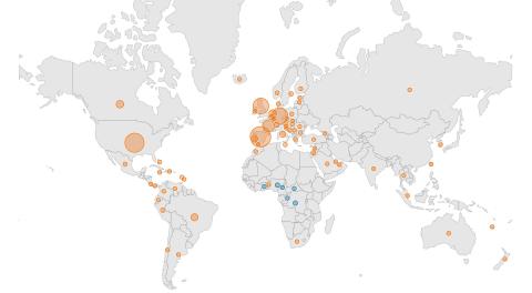 mapa viruela Países con casos de viruela del mono. En naranja, los países que han reportado casos en 2022. En azul, los países que han reportado casos en años anteriores