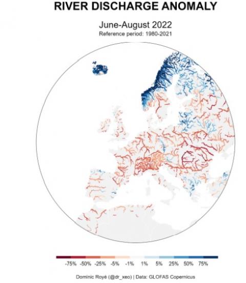 mapa caudal rios Desde junio hasta el 12 de agosto de 2022, hay una anomalía media negativa del caudal de los ríos del –29 %, llegando a ser inferior al –62 % en algunos puntos