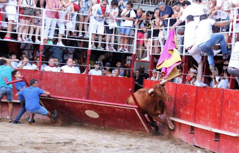 El burladero cae sobre Víctor Arriazu al tiempo que se libera la res. El burladero cae sobre Víctor Arriazu al tiempo que se libera la res.