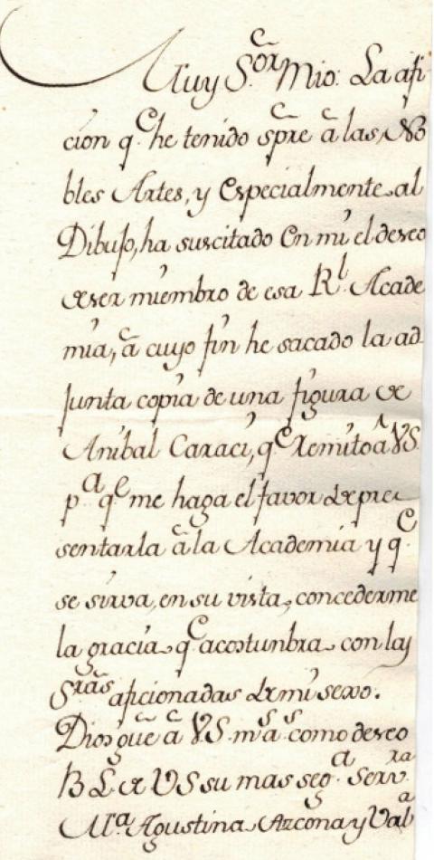 Carta de Agustina Azcona solicitando ingreso en la Academia. Archivo de la Real Academia de Bellas Artes de San Fernando Carta de Agustina Azcona solicitando ingreso en la Academia. Archivo de la Real Academia de Bellas Artes de San Fernando