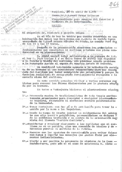 Primer extracto de la carta del gobernador civil a Manuel Fraga -también a la Dirección General de Seguridad- informando de la reunión mantenida el 21 de abril con Sixto y Pepe Arturo en el hotel Tres Reyes