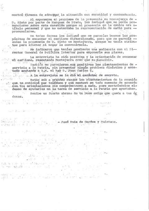 Segundo extracto de la carta del gobernador civil a Manuel Fraga -también a la Dirección General de Seguridad- informando de la reunión mantenida el 21 de abril con Sixto y Pepe Arturo en el hotel Tres Reyes