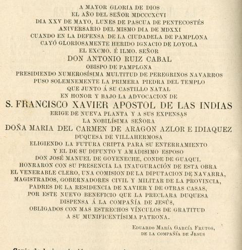 Segundo texto introducido junto a la primera piedra de la basílica de Javier Segundo texto introducido junto a la primera piedra de la basílica de Javier.