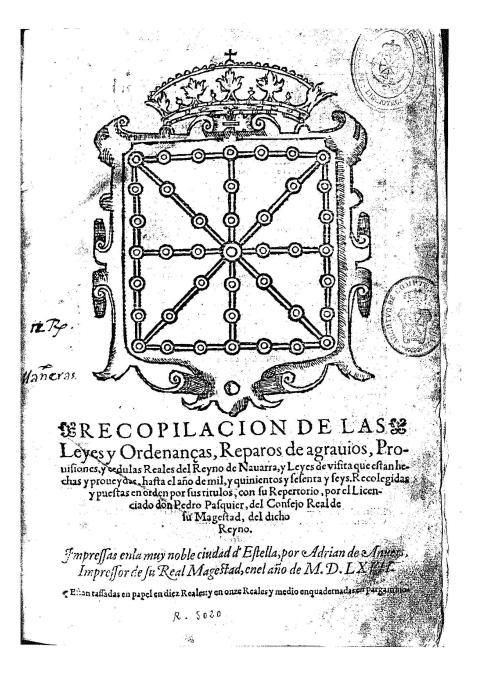 La portada de la edición de las Ordenanzas Nuevas editada en Estella en 1567 La portada de la edición de las Ordenanzas Nuevas editada en Estella en 1567