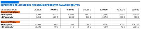 Supuestos del coste del MEI según diferentes salarios brutos Supuestos del coste del MEI según diferentes salarios brutos
