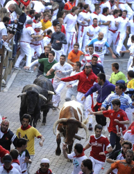 Imágenes del segundo encierro de los Sanfermines 2011 protagonizado por toros de la ganadería Cebada Gago.