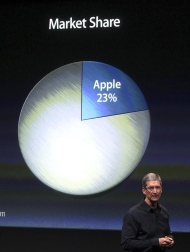 Imágenes de la presentación del último modelo del iPhone 4, de la marca Apple, este martes 4 de octubre.