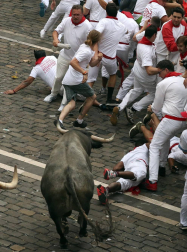 Un norteamericano de 22 años ha resultado herido grave en el segundo encierro de San Fermín 2017 al ser empitonado en un brazo por uno de los toros de José Escolar.