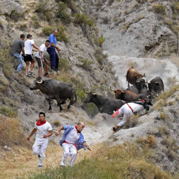 Quinto encierro del Pilón de fiestas de Falces 2018, 16 de agosto con la ganadería Adrián Domínguez, de Funes