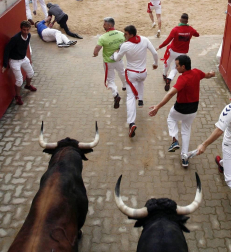 Imágenes del segundo encierro de los sanfermines 2019 protagonizado por toros de Cebada Gago.