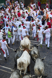 Fotos del sexto encierro de San Fermín con toros de Escolar. |