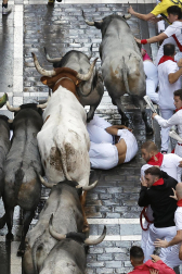 Fotos del sexto encierro de San Fermín con toros de Escolar. |