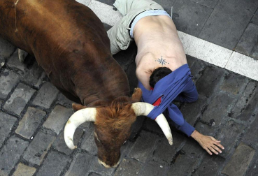 Imágenes del segundo encierro de los Sanfermines 2011 protagonizado por toros de la ganadería Cebada Gago.