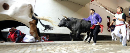 Imágenes del segundo encierro de los Sanfermines 2011 protagonizado por toros de la ganadería Cebada Gago.
