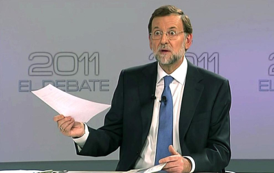 Rajoy y Rubalcaba se enfrentan en el debate televisado por la Academia de televisión, en el Palacio de Congresos.