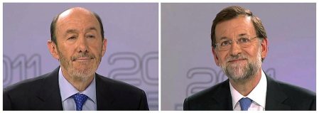 Rajoy y Rubalcaba se enfrentan en el debate televisado por la Academia de televisión, en el Palacio de Congresos.