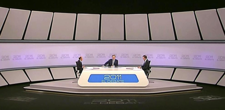Rajoy y Rubalcaba se enfrentan en el debate televisado por la Academia de televisión, en el Palacio de Congresos.