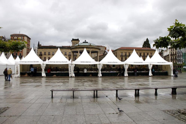 Mal tiempo en la inauguración de la XII Feria del Libro de Pamplona, con los visitantes acudiendo a los puestos de la Plaza del Castillo.