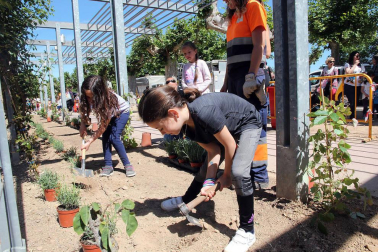 niños plantan arboles en paseo del Prado de Tudela