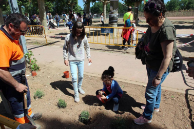 niños plantan arboles en paseo del Prado de Tudela