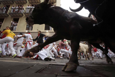 Imágenes del octavo encierro, protagonizado por los Miura