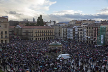 Jóvenes y mayores salen a la calle en Pamplona bajo la lluvia