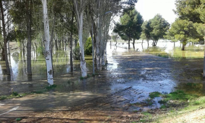 La recta de Arguedas con agua del barranco de Las Limas, cortes en la NA-134 y agua en las Bardenas tras las lluvias del 12 de abril.