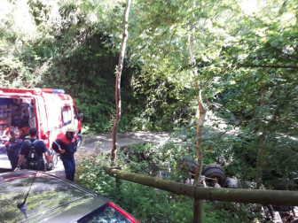 Imágenes del rescate de los bomberos a un camionero cuyo vehículo volcó en una pista en Valcarlos.
