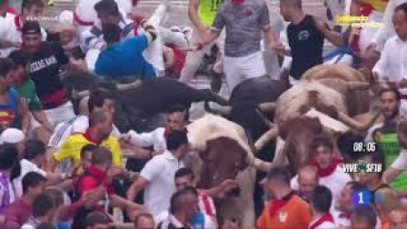 Caídas de mozos y toros en el cuarto encierro de San Fermín 2018