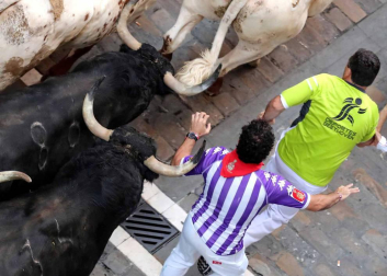 Imágenes del cuarto encierro de los Sanfermines 2018, con toros de la ganadería Fuente Ymbro.