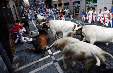 Imágenes del quinto encierro de los sanfermines, con toros de la ganadería Núñez del Cuvillo
