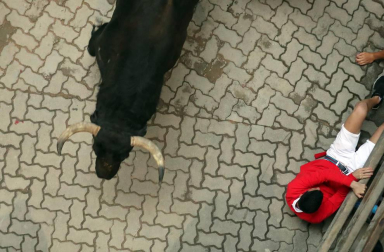 Imágenes del séptimo encierro de los Sanfermines de 2018, con toros de la ganadería Jandilla.