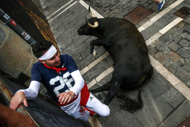 Imágenes del séptimo encierro de los Sanfermines de 2018, con toros de la ganadería Jandilla.