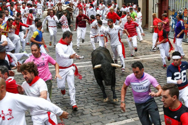 Imágenes del séptimo encierro de los Sanfermines de 2018, con toros de la ganadería Jandilla.