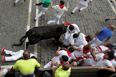 Imágenes del séptimo encierro de los Sanfermines de 2018, con toros de la ganadería Jandilla.