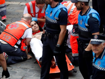 Imágenes del séptimo encierro de los Sanfermines de 2018, con toros de la ganadería Jandilla.