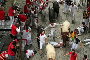 Imágenes del séptimo encierro de los Sanfermines de 2018, con toros de la ganadería Jandilla.