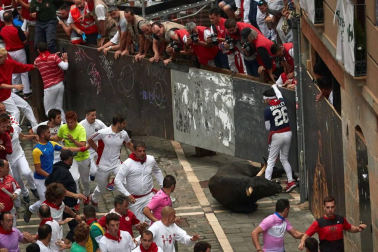 Imágenes del séptimo encierro de los Sanfermines de 2018, con toros de la ganadería Jandilla.