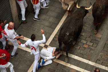 Imágenes del séptimo encierro de los Sanfermines de 2018, con toros de la ganadería Jandilla.