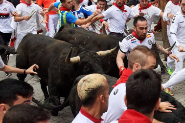 Imágenes del séptimo encierro de los Sanfermines de 2018, con toros de la ganadería Jandilla.