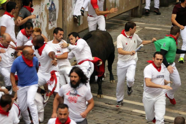 Imágenes del séptimo encierro de los Sanfermines de 2018, con toros de la ganadería Jandilla.