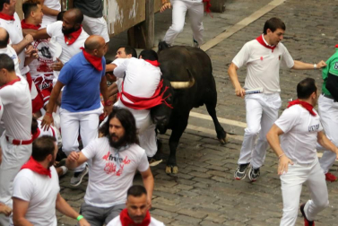 Imágenes del séptimo encierro de los Sanfermines de 2018, con toros de la ganadería Jandilla.